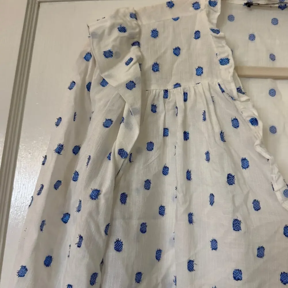 Zara Blue Embroidered Dot Ruffle Blouse – Women’s XS